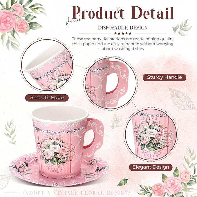 Nuogo 200 Pcs Floral Paper Tea Cups and Saucers 7 oz Disposable Paper Teacups - Image 3
