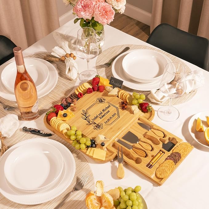 Personalized Bamboo Cheese Board Gift Set – Custom Engraved Charcuterie Board with Cheese Knives, Romantic Valentine’s Day Gift for Couples