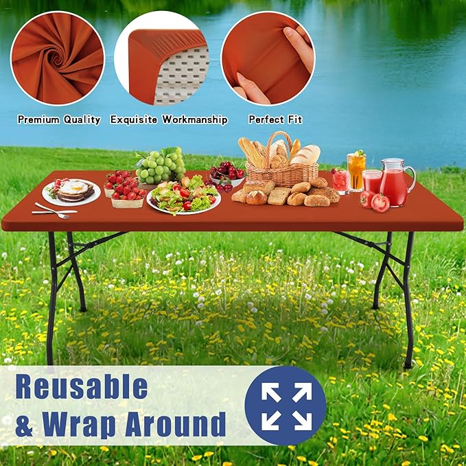 Spandex 4 Foot Rectangle Thanksgiving Table Cloth 2 Pack, Elastic Fitted Tablecloths for Picnic, Stretch Washable Patio Table Cover for Outdoor, Camping, Banquet and Parties (Rust, 30"x48")