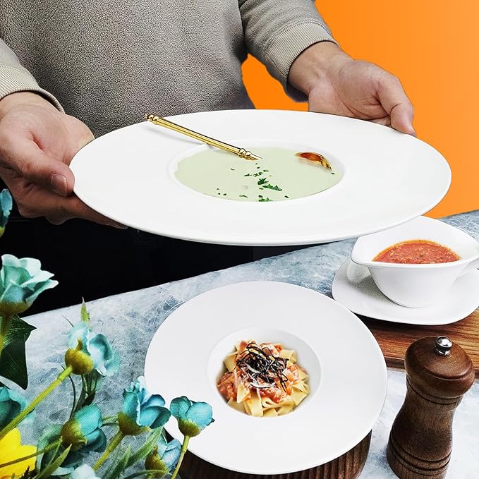 Ceramics Rimmed Soup Bowls 8.6 oz, White 11 inch Exquisite small soup plate Set of 4, Pasta plates With Rim is the best choice for hotels, kitchens, fine restaurants and gourmets