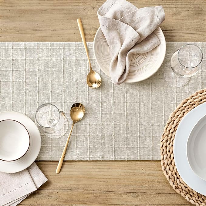 Artisanal Grid Linen Table Runner, 13x90 Inches Ivory | Heavy Textured - Image 5