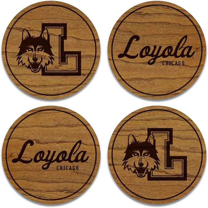 LazerEdge Loyola Ramblers Wooden Coaster Set - Cherry Wood - Officially Licensed Product - 4-Pack
