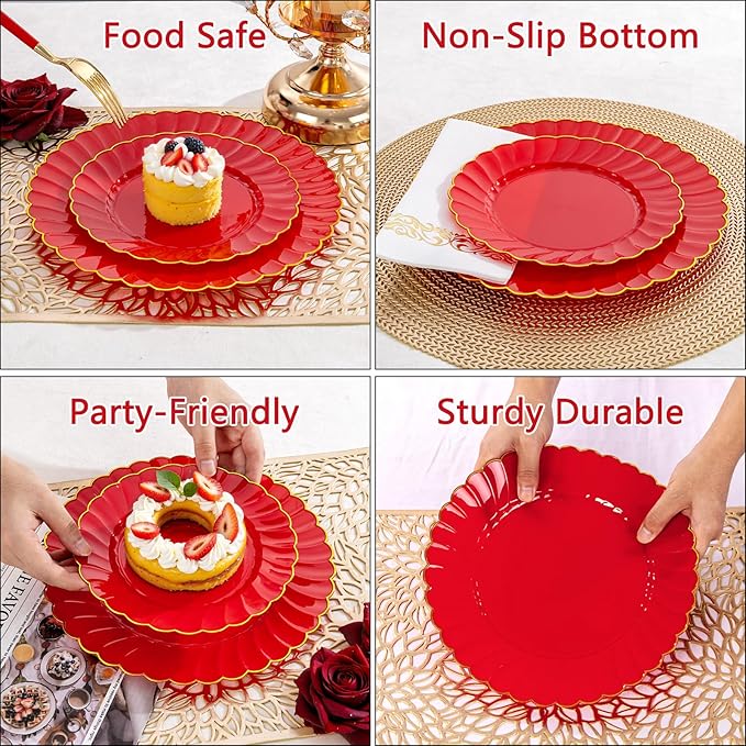 Ciaell 175 PCS Red Scalloped Plastic Plates with Gold Trim - Red Plastic Silverware with Handle - Fancy High-End Dinnerware Sets for Wedding & Valentine's Day & Party