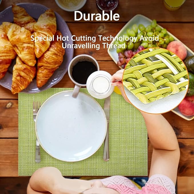 DACHUI Placemats Set of 8, Linen Look Woven Place Mats, Water Resistant, Heat Resistant, Washable, Durable Table Mats (Green)