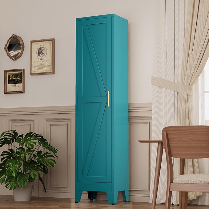 Narrow Metal Cabinet with 4 Adjustable Shelves and Barn Doors,Tall Bathroom Storage Cabinet, Metal Pantry Organizer for Kitchen,Home Office, Dining Room,Blue