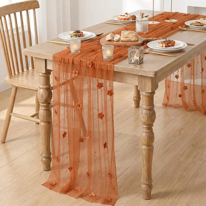 Artoid Mode Caramel Flower Pearl Pink Gauze Table Runner 10FT, Seasonal Sheer - Image 5