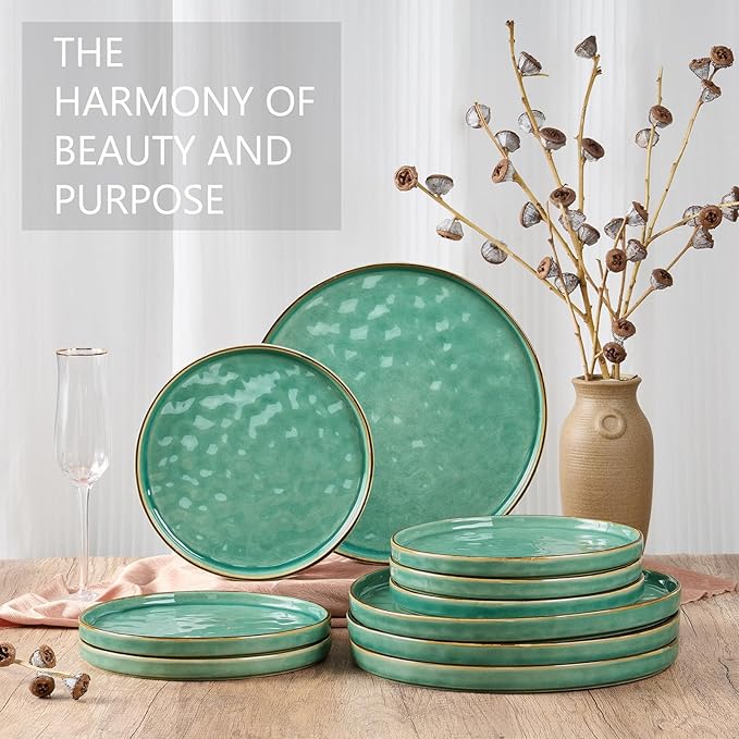 LIANYU 10.2 Inch Dessert Plates of 4, Kitchen Ceramic Dinner Plates Set, Dinnerware Serving Dishes Set, Dinnerware Salad Appetizer Plates for Microwave Dishwasher Oven, Chip Resistant, Emerald Green