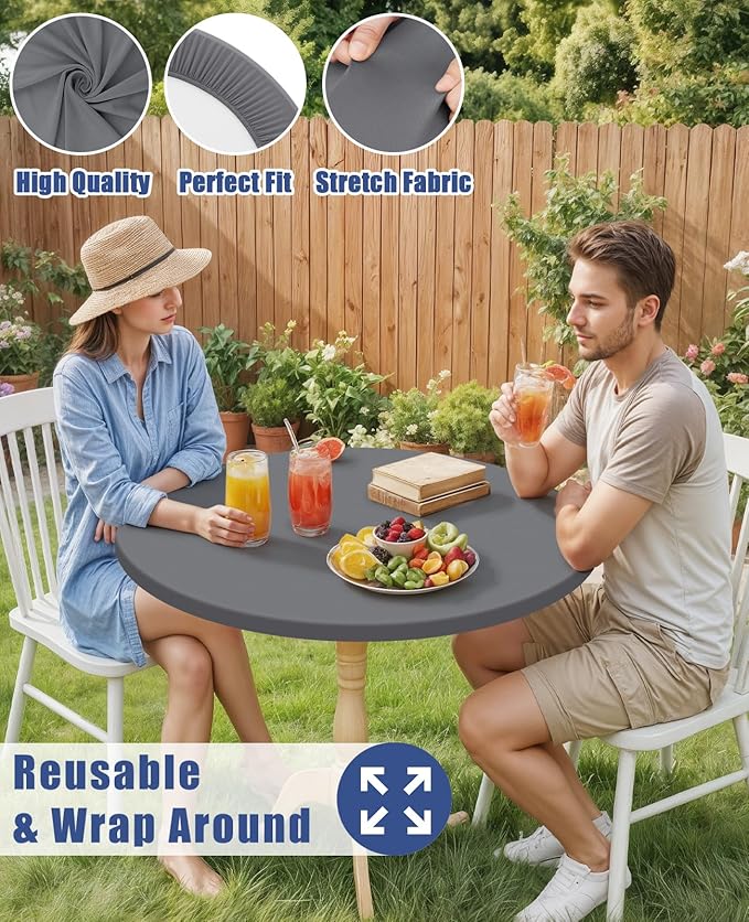 Round Spandex Tablecloth, Elastic Fitted Waterproof Tablecloths for 36"-44" Tables, Stretch Washable Picnic Table Cover for Camping, Dining, Indoor and Outdoor, Grey