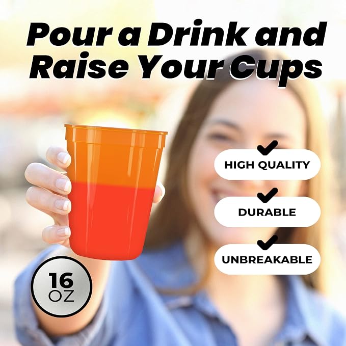 PartyPrints 100 Pack 16 oz Assorted Reusable Blank Plastic Cups, Stadium Cups - Image 9