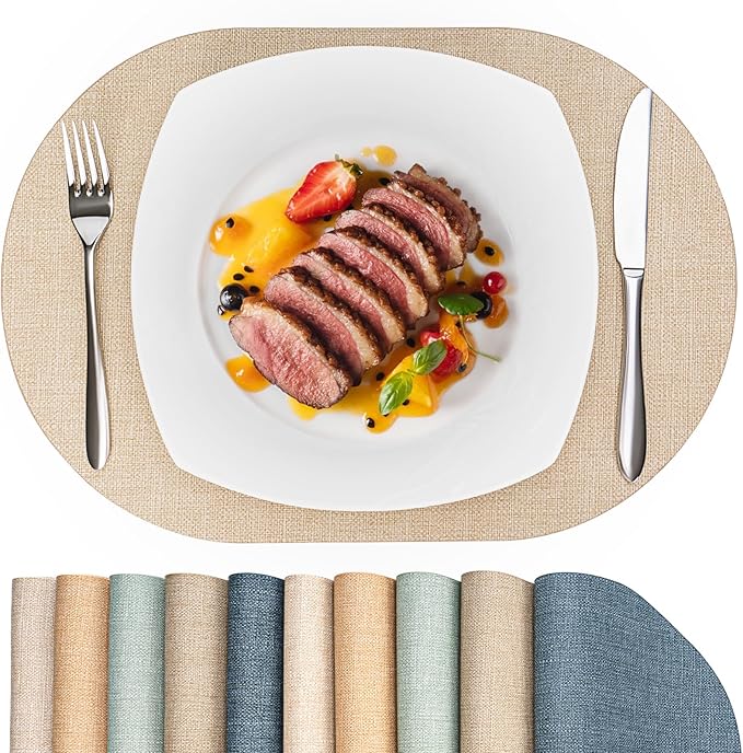 Oval Placemats for Dining Table Set of 4, Washable Leather Table Mats, Waterproof Heat-Resistant Non-Slip Kitchen Placemats, Simple Style Oval Design
