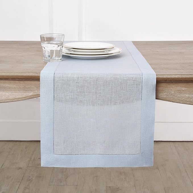 Solino Home Linen Light Blue Table Runner 48 Inches - Classic Hemstitch, 100% Pure Linen Coffee Table Runner 14 x 48 Inch Ideal for Dresser Tables, Spring, Easter