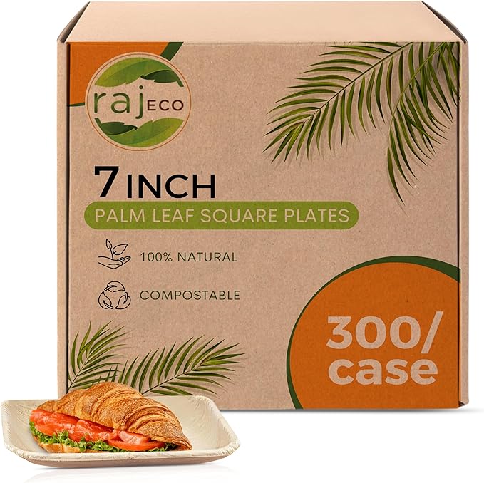 Raj Palm Leaf Plates Bulk [50-Pack] 7" Square Plates(6 CASES - 300 PACK) like Bamboo plates Disposable, Strong, Decorative Compostable Tableware for weddings, Lunch, Dinner, Birthday, Camping