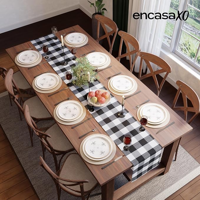 Encasa XO Table Runner, Woven Cotton Dining Runner 13"x104" Buffalo Black Checks - Image 4