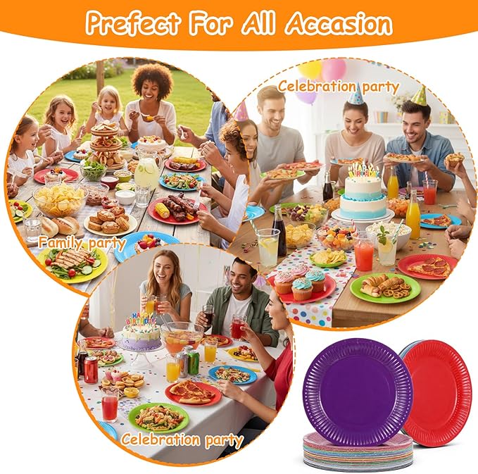 300 PCS Dessert Paper Plates Bulk, 7" Disposable Plates, Microwaveable Solid Construction, Round Colored Paper Plates for Parties Weddings Birthdays Everyday Use