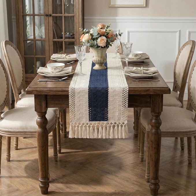 Boho Macrame Table Runner with Tassels 36in Blue Farmhouse Runner | Macrame - Image 4