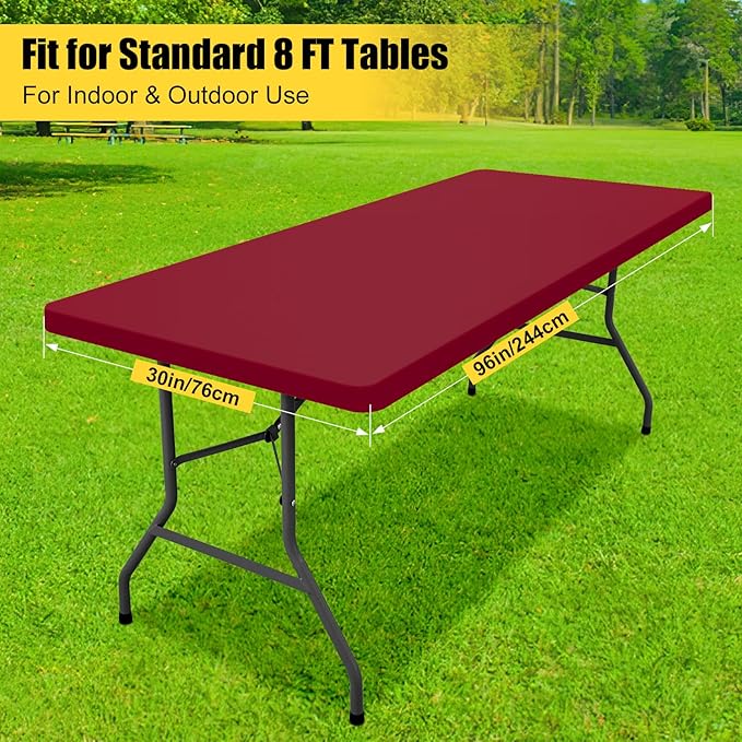 Smiry Rectangle Tablecloth, Elastic Fitted Flannel Backed Vinyl Tablecloths for 8ft Folding Tables, Waterproof Wipeable Table Covers for Indoor, Outdoor, Camping and Picnic (Wine Red, 30"x96")