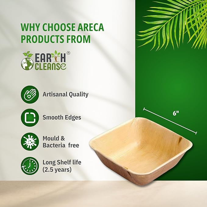 6 Inch Square Compostable Biryani Palm Leaf Extra Deep Bowls | Pack of 250 | Eco Friendly Disposable Areca Leaf Bowls | Biodegradable Heavy Duty for Rice Curry Parties Catering Events