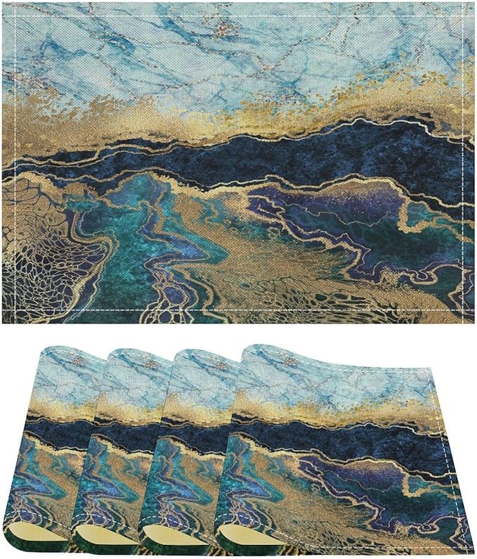 Marble Linen Placemats Set of 4, Modern Luxury Foil Cracked Texture Blue Gold Marble Washable Cloth Place Mats, Non-Slip Dining Table Placemats for Home Kitchen Party Banquets Decor 12x17 Inch