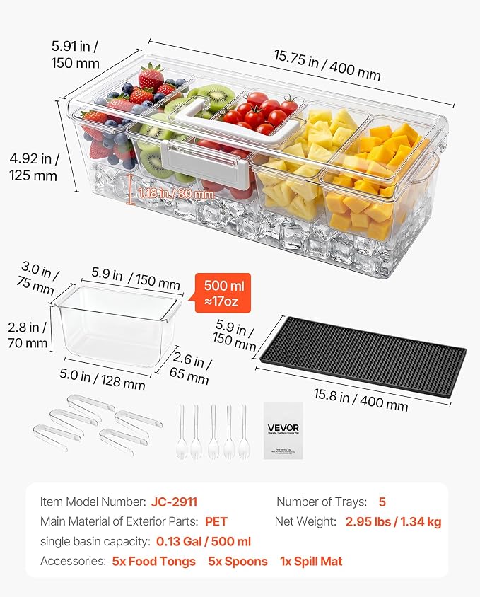 VEVOR Chilled Condiment Server Caddy, 5 Compartment Ice Cooled Serving Container - Image 7