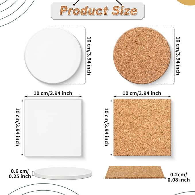 Zopeal 24 Pcs Ceramic Tiles for Crafts Coasters Include Unglazed White Ceramic Tiles with Cork Backing Pads Use with Alcohol Ink Acrylic Pouring for DIY Project Gift (Square,Round)