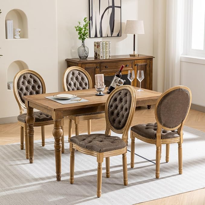 Ball & Cast French Vintage Upholstered Dining Chairs Set of 2, Button Tufted Kitchen Side-Chairs with Carved Antique Wood Frame & Nailhead Trims, PU-Leather Curved Backrest Louis Chair, PU Brown