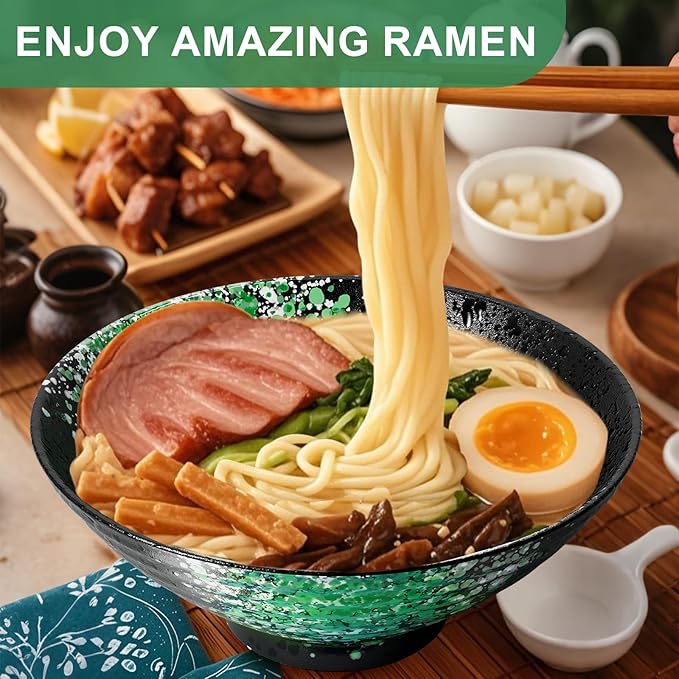 8-Inch Ceramic Ramen Bowl Set of 2 (9 Piece) - Porcelain Japanese Salad Noodles Cereal Fruit Pasta Soup Large Bowls with Recipes Chopsticks Forks Spoons for Men Women Gift Microwave & Dishwasher Safe