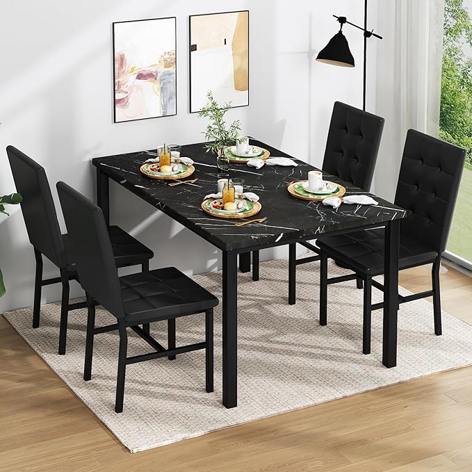AWQM Dining Table Set for 4,Faux Marble Kitchen Table and Chairs Set of 4, Modern Dining Room Table Set for 4,Dinner Table with 4 Leather Chairs, Dinette Set for Small Spaces (Black&Black)
