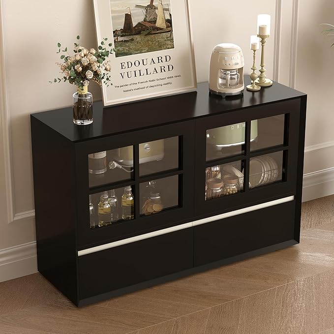 47.24" Solid Wood Storage Cabinet Organizer with Glass Doors & Drawers, Black Sideboard Buffet Cabinet for Living Room, Dining Room, Entryway, Kitchen & Home Office