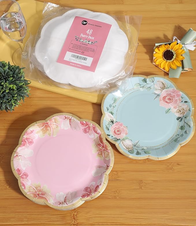 Winoo Design Floral Paper Plates - 48 PK - 9 Inch Flower Party Plates Floral Disposable Plates for Tea Party Baby Shower Brial Shower Birthday Wedding