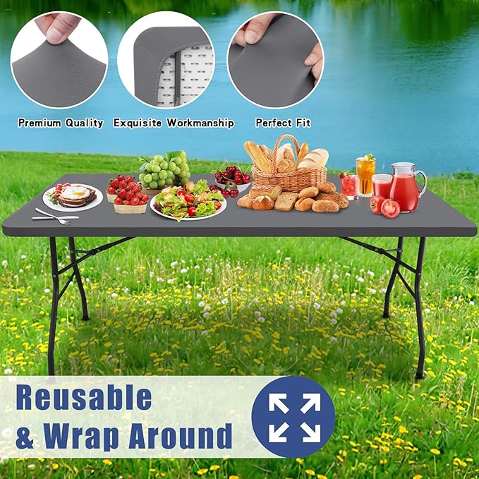 Spandex 5 Foot Rectangle Table Cloth 2 Pack, Elastic Fitted Tablecloths for Picnic, Stretch Washable Patio Table Cover for Outdoor, Camping, Banquet and Parties (Grey, 30"x60")