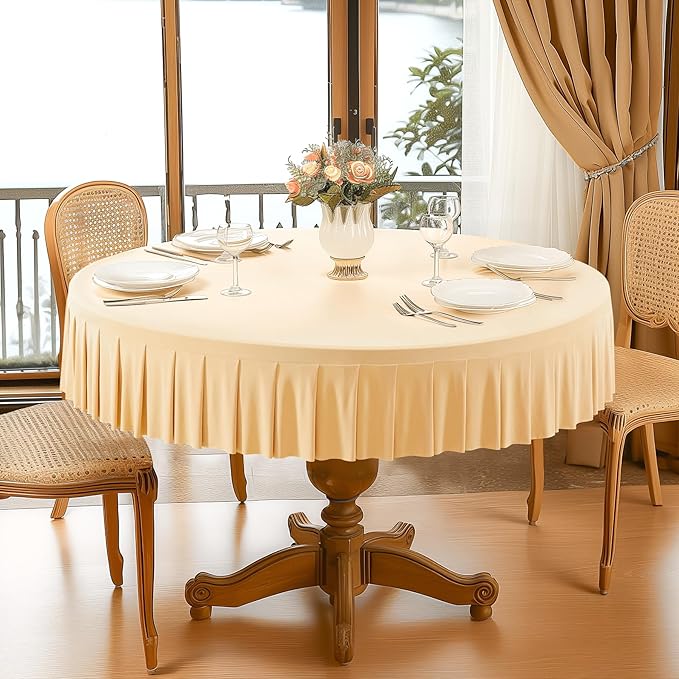1 Pack Champagne Spandex Round Tablecloths for 72in Table, Stretchy Fitted 6FT Round Table Cloths, Wrinkle Free Table Cover with Skirt for Wedding Birthday Party Bridal Shower Banquet