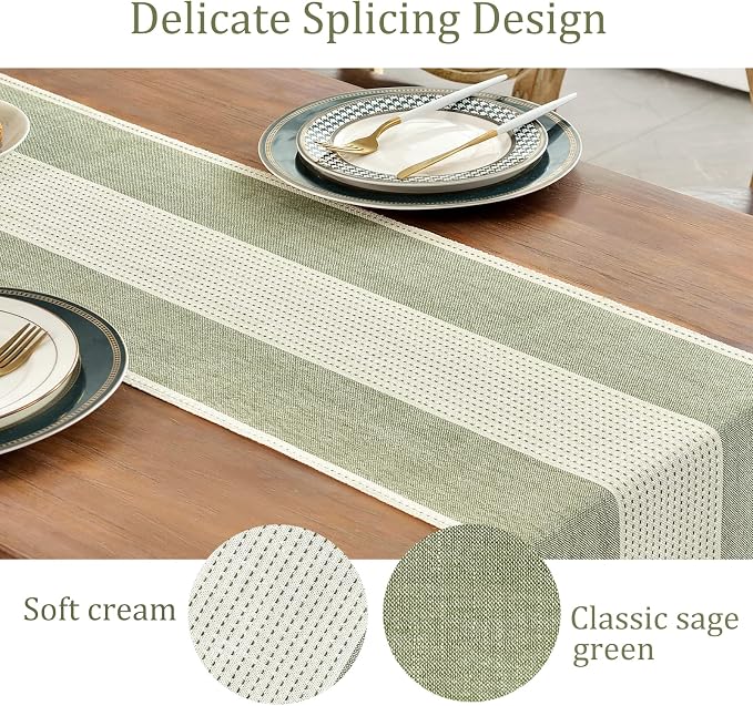 Wracra Linen Table Runner, Stripe Table Runners 48 Inches Sage Green | Delicate - Image 3