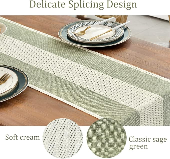 Wracra Linen Table Runner, Stripe Table Runners 60 Inches Sage Green | Delicate - Image 3