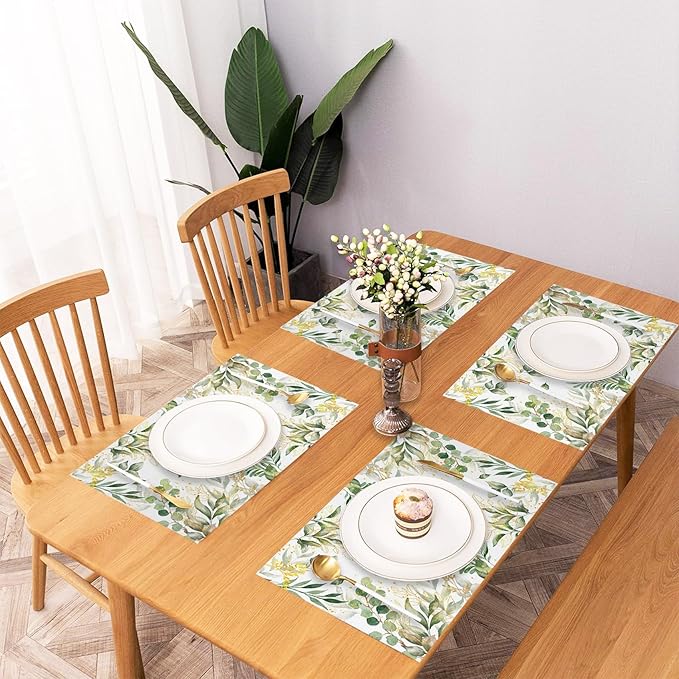AOFOTO Watercolor Leaves Printed Placemats Set of 4 Spring Sage Green Gold Leaves Place Mats Washable Rectangular Table Mats for Party Home Kitchen Restaurant Dining Table Decor 12x18 Inch