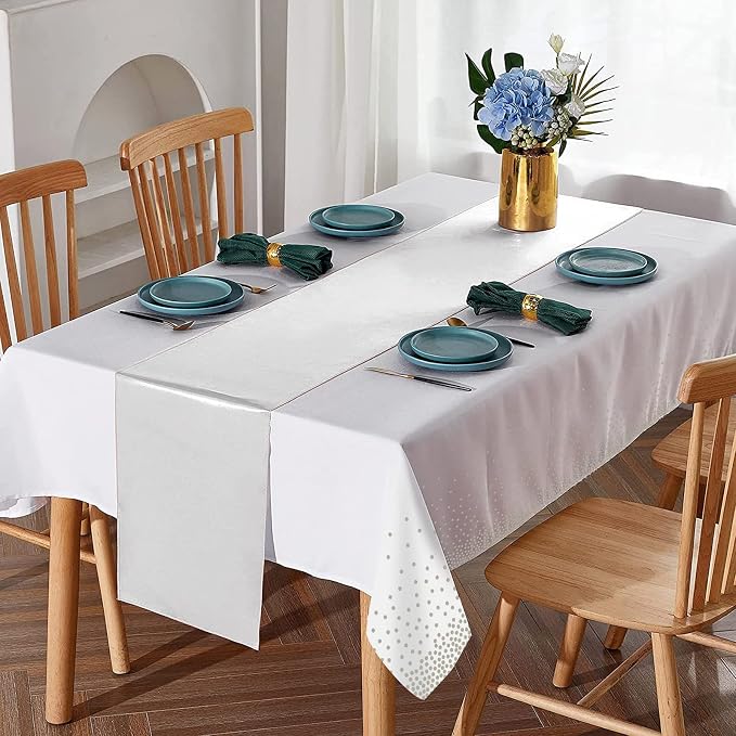 MASHAN 16Pack Disposable Plastic Tablecloths and Satin Table Runner Set White - Image 4