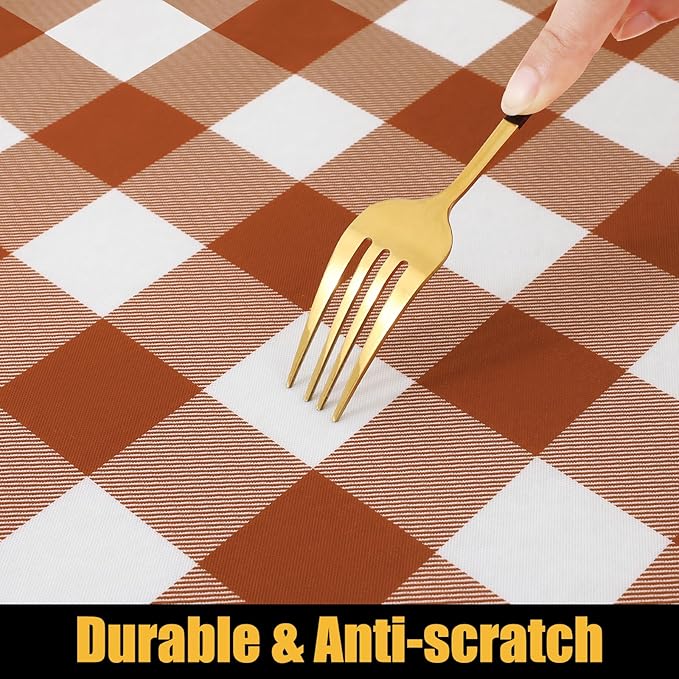 Smiry Rectangle Picnic Table Cloth, Elastic Waterproof Fitted Vinyl Tablecloths, Flannel Backed Buffalo Plaid Table Covers for Dining, Camping, Outdoor, Thanksgiving (White and Rust, 30" x 72")