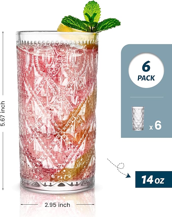 Vintage Diamond-Pattern Drinking Glasses Set of 6 – 14 oz Clear Highball Glass Cups – Embossed Retro Glassware for Water, Cocktails, Juice, Milk – Durable Thick Glass, Dishwasher Safe