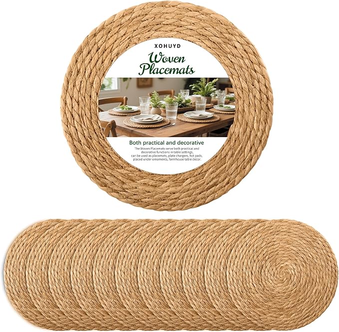 13 in Round Woven Placemats Plate Chargers Set of 12, Boho Farmhouse Rustic by XOHUYD