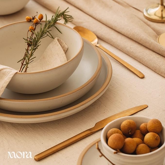MORA Large Plates Set of 4, 10.5 inch Ceramic Pottery Dinner Plates - Microwave, Oven and Dishwasher Safe - Oat
