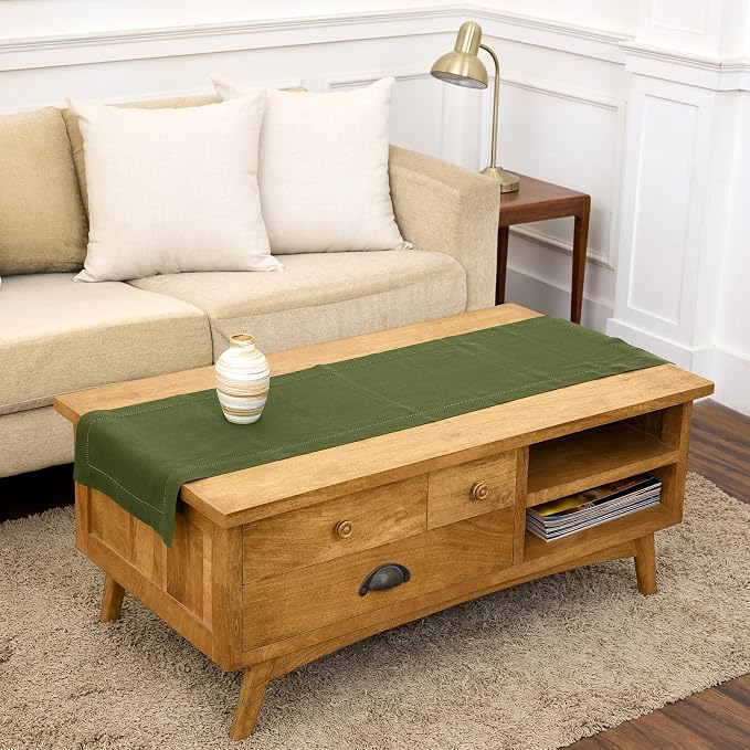 Solino Home 100% Pure Linen Dining Table Runner Olive Hemstitch, 14 x 60 in | by SolinoHome