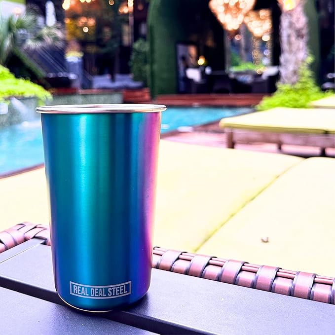 Real Deal Steel Rainbow Cups 16 oz Pint Cups, Stackable Tumblerrs, Eco Friendly Premium Metal Drinking Glasses (Iridescent)