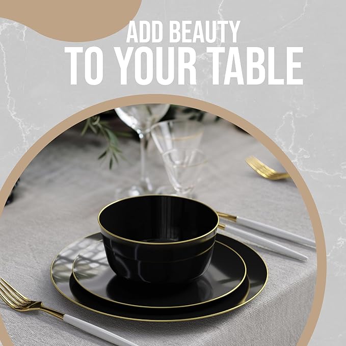Trendables Plastic Bowls Disposable Bowls 24 Oz Bowl Set Of 10 Black Gold Rimmed Fancy Plastic Serving Dishes Perfect for Parties and Events Disposable Candy Bowl