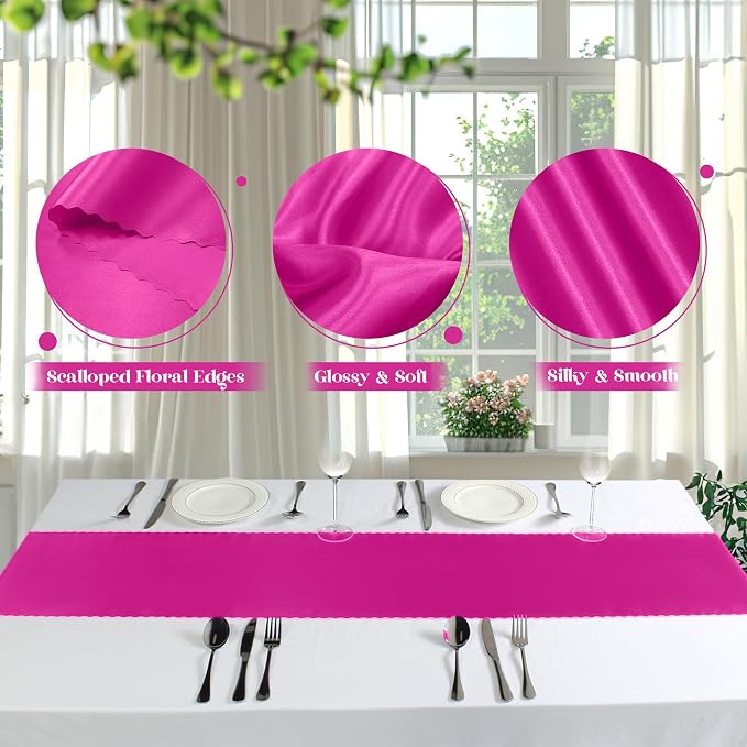 VACVELT Hot Pink Satin Table Runners, 12x72 Inch, 12 Pack, Scalloped Edge | - Image 6