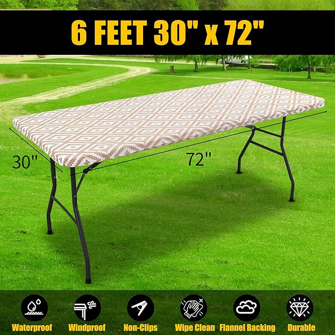 Smiry Rectangle Table Cloth Cover, Waterproof Elastic Fitted Picnic Tablecloth for 6 Foot Tables, Wipeable Flannel Backed Vinyl Tablecloths for Camping, Dining, Outdoor (Khaki, 30" x 72")