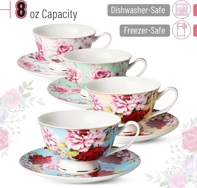 BTaT- Floral Tea Cups and Saucers Set of 4, 7 oz | Porcelain Tea Cup Set - Image 3