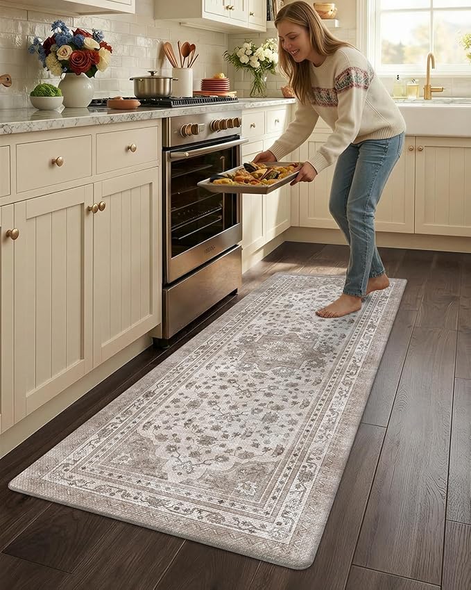 Color&Geometry Kitchen Floor Mats Anti Fatigue, Cushioned Boho Rugs,Waterproof Non Slip Kitchen Runner for Sink, Standing Mats for Office,24"x59",Beige