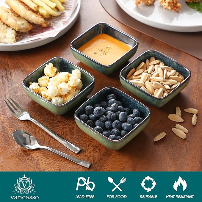 vancasso Stern 6 Oz Dipping Bowls, 3.7 Inches Ceramic Soy Sauce Dish, Square Side Dishes, Small Appetizer Plates Set of 4, Green