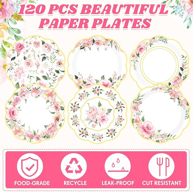 Umigy 120 Pcs Summer Pink Floral Paper Plates 7 Inch Floral Party Decoration Plates, Summer Wild Flower Disposable Decorative Tableware for Birthday Wedding Baby Shower Tea Party Bridal Shower