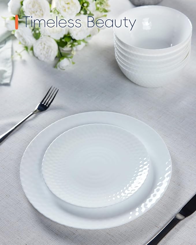 Dinnerware Sets for 4, Light & Durable 12 Pieces Opal Glass Plates and Bowls Set, Dishwasher and Microwave Safe Dish Dinning Ware, Thin but Strong Geometric Faceted White