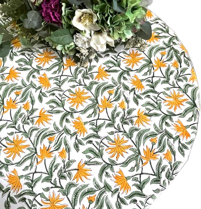 ATOSII Noor 100% Cotton Round Tablecloth, Handblock Print Floral Table Cloth for Kitchen Dining Linen I Parties, Weddings, Outdoors, Spring Summer Decor I 90" Inches Round